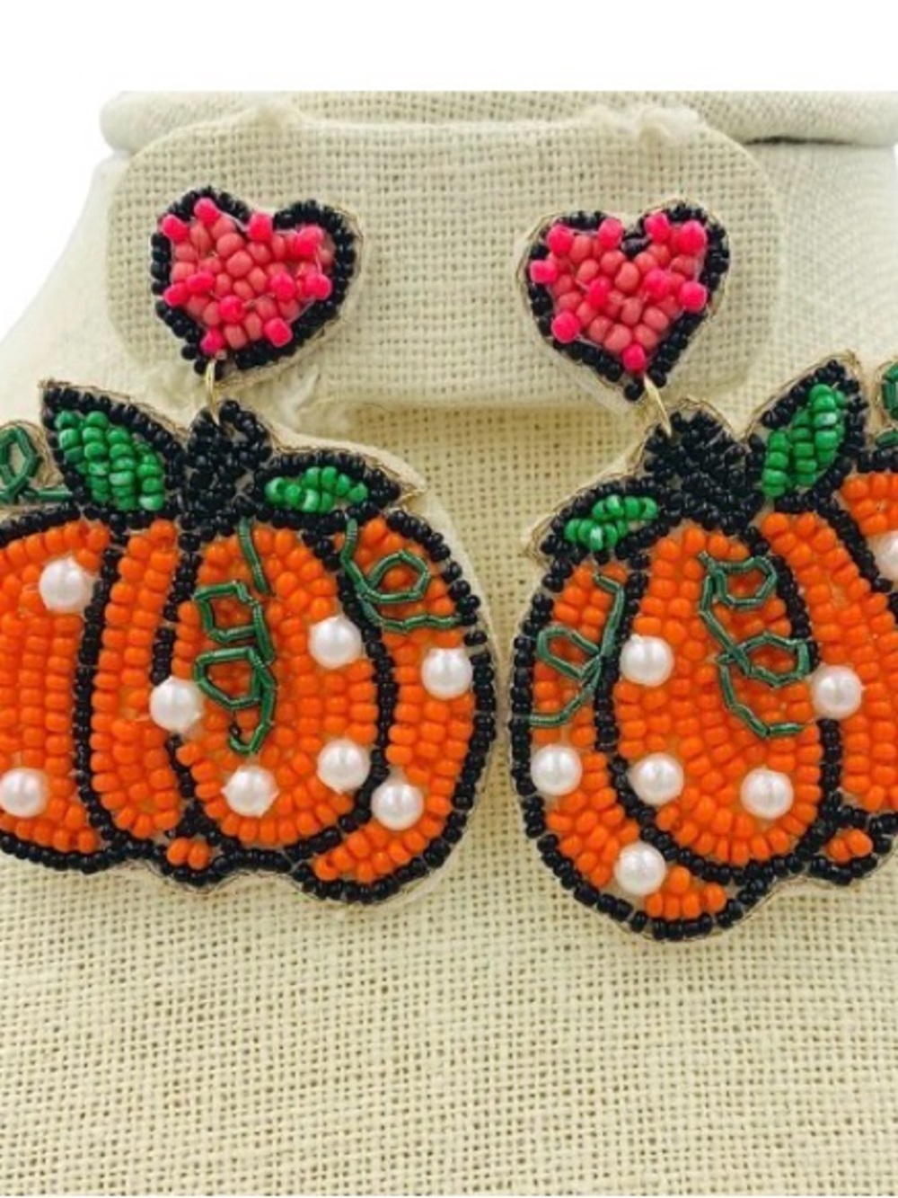Hand-Beaded Orange Pumpkin Drop Earrings with Pink Heart Posts